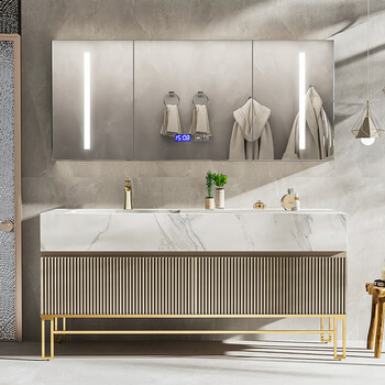 160cm智能镜柜/鱼肚白岩板/陶瓷台下盆/落地