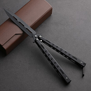 宠翰初学者蝴蝶折叠刀 未开刃不锈钢折叠刀玩具全钢花式训练刀 黑色双