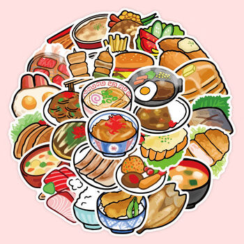 40张卡通食物美食手账贴纸装饰小图案不干胶手帐素材杯子防水贴画纸