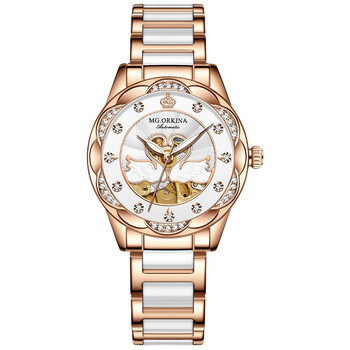 orkina mg)女士手表双天鹅自动机械表镂空陶瓷镶钻腕表七夕情人节送