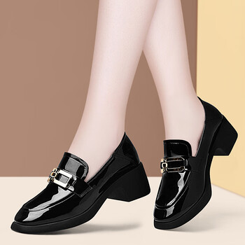 黑色漆皮高跟小皮鞋女中跟单鞋女2022新款女鞋四季单鞋英伦风厚底乐福