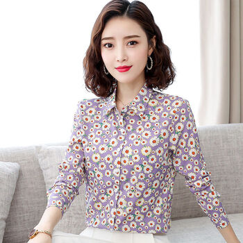 翠花女士透气上衣雪纺女长袖印花春天中年妈妈小修身女装tl20993紫色s
