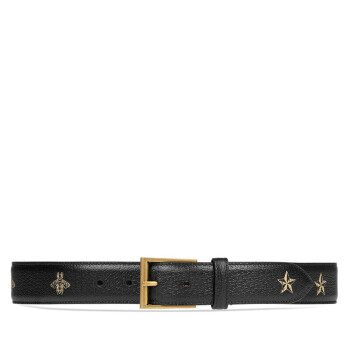 GUCCI古驰男士黑色皮革印花星星蜜蜂金属针扣牛皮腰带495125DJ2KT8474预 