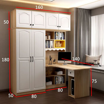 连体书桌衣柜一体小户型定制衣橱简约多功能组合柜带转角电脑桌 胡桃