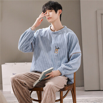 浪莎睡衣秋珊瑚绒加厚加绒可外穿2021年青少年家居服套装男士男生冬季