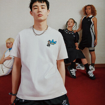 阿迪达斯adidasmonkeykingdom合作情侣款运动短袖t恤男女三叶草云母粉