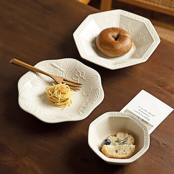 摩登主妇浮雕陶瓷餐盘家用餐具盘子欧式轻奢西餐盘甜品早餐盘创意饭盘