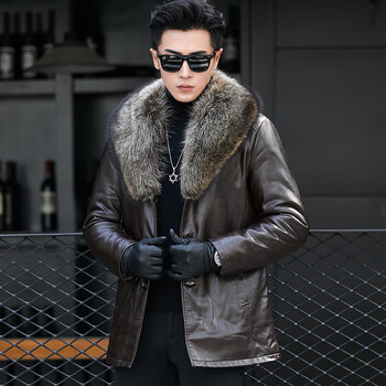 海宁皮革城中老年皮衣男大毛领士绵羊皮皮毛一体青年短款皮夹克可拆卸