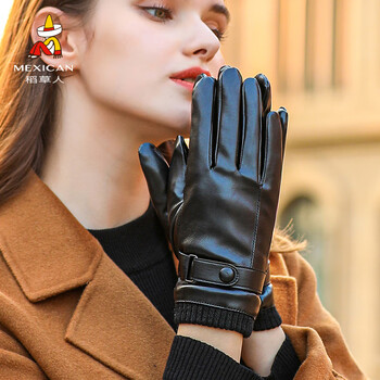 稻草人皮手套女秋冬季保暖加绒加厚骑车骑行冬天防风防寒pu皮可爱开车