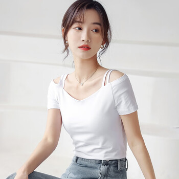 rktr一字领短袖t恤女白色新款韩版夏装紧身打底衫漏肩一字肩小众上衣