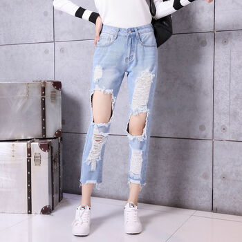 音乐虎musictiger网红破洞牛仔裤女夏季八分裤小个子韩版高腰乞丐破洞