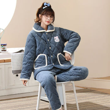 法兰绒三层夹棉睡衣女冬季加厚棉袄可爱加绒保暖家居服套装690雾蓝xxl