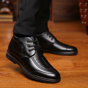 金猴冬新款加绒保暖男皮鞋耐磨防滑中老年爸爸鞋休闲时尚商务正装黑色
