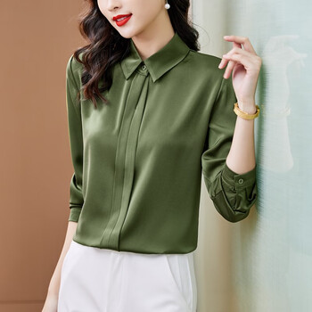 轻奢品牌2022年早春季新款女装时尚宽松醋酸缎面衬衫高端轻奢军绿色m