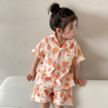 儿童夏季薄款女童开衫宝宝套装2024新款小孩男童短袖家居橘色草莓80