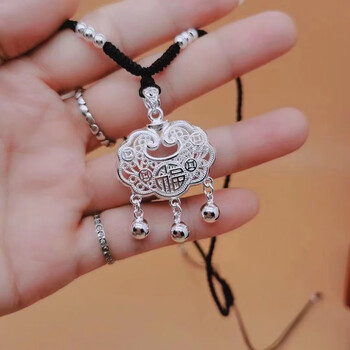 玫煜平安锁女999足银福字长命锁吊坠兔生肖镂空银锁婴儿童小孩锁双面