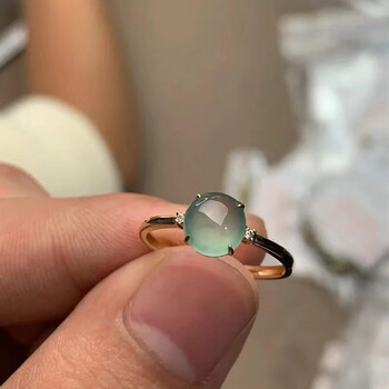 祥源昌冰种天空蓝晴水蛋面翡翠戒指飘花男士女款镶嵌指环貔貅金鱼