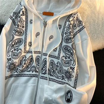 复古卫衣男hiphop炸街腰果花情侣装开衫外套男女春秋高级感薄款上衣服