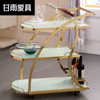 车不锈钢移动玻璃餐车酒店三层手推车酒水车商用小推车点心 香槟金 白