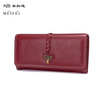 真皮两折女士皮夹子年新款韩版潮折叠头层牛皮钱夹长款钱包女酒红色