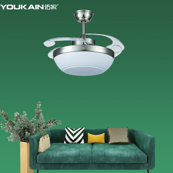 佑家youkain餐厅隐形扇led卧室风扇灯小尺寸电扇灯银色36寸32w三色led