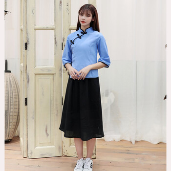 学生装亚麻五四青年装大合唱班服中山装表演服毕业服装女生亚麻款短裙