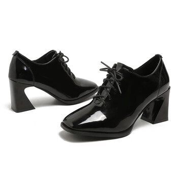 单鞋2023秋新款气质通勤工作鞋黑色方头系带粗高跟皮鞋女黑色漆皮34