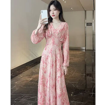 欧遥粉色甜美碎花连衣裙女春季新款韩版收腰显瘦气质领雪纺长裙粉色s