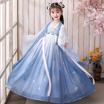 古装女古筝演出服超仙10岁女孩小学生表演服中国风蓝色星空襦裙大袖衫