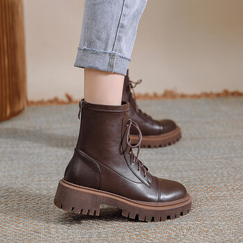 谛豪诺秋季女靴新款英伦风厚底炸街马丁靴女靴子超火2023年棕色单里35