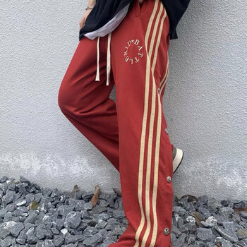 街头个性卫裤女高街条纹排扣阔腿直筒拖地运动裤韩国ins显瘦裤子 红色