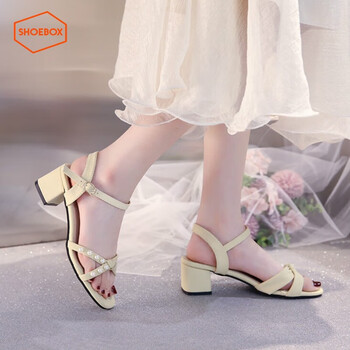 鞋柜达芙妮集团旗下一字带粗跟凉鞋女2024新款夏季百搭玛丽珍凉鞋黄色