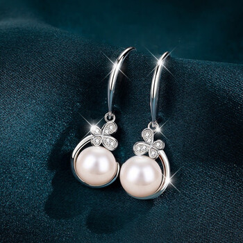 晓色女士银珍珠耳环女时尚长款韩版气质银耳钉女银饰珍珠耳坠装饰耳钩