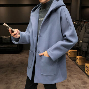 毛呢连帽外套男装搭配帅气韩版休闲宽松xs码s潮男帅连帽风衣 雾霾蓝 m