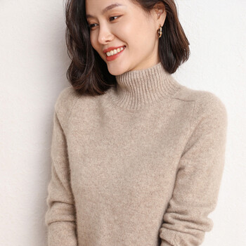 加厚半高领提花纯山羊绒衫女21年春秋新款韩版套头毛衣宽松衫女浅驼色