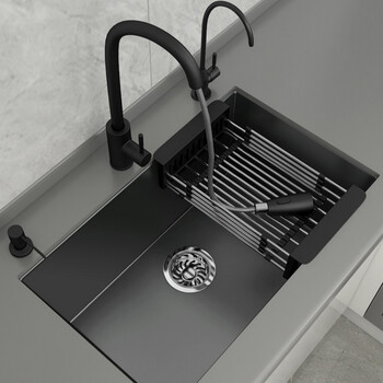 水槽单槽大纳米304不锈钢黑色台下家用厨房洗菜盆洗碗池子65x45e套餐