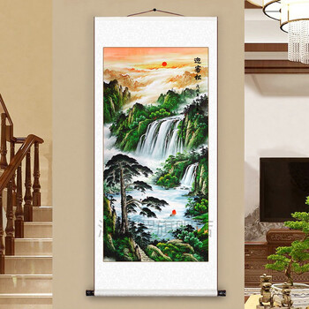 画中国风旭日东升国画山水画竖幅客厅画装裱卷轴挂画靠山办公室装饰画