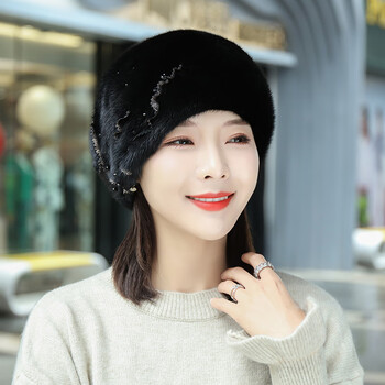 貂皮帽子女士冬季中老年人妈妈皮草贝雷帽冬天整貂毛护耳时尚貂绒黑色