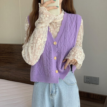 毛线马甲背心女毛衣女小个子甜美温柔马甲背心别致开衫上衣紫色马甲