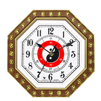 jollyoo八卦钟表挂钟客厅八挂钟太极风水中式静音开运时钟金11英寸