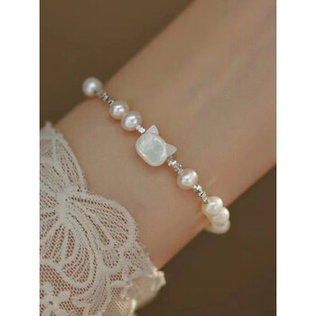 s925天ran淡水珍珠猫咪手链女轻奢小众天然白蝶贝碎银几两手饰天ran