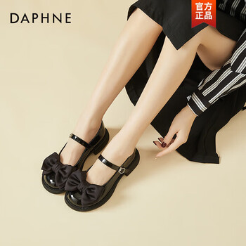 达芙妮官方真皮洛丽塔鞋子公主鞋蝴蝶结单鞋软皮玛丽珍小皮鞋粗跟高跟