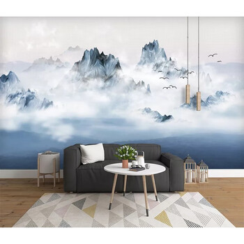 水墨山水新中式风景手绘国画沙发背景墙宣绒布墙布uv喷画意境飞鸟