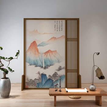 纯屋新中式屏风隔断客厅卧室遮挡玄关山水国画中国风禅意实木半透座屏