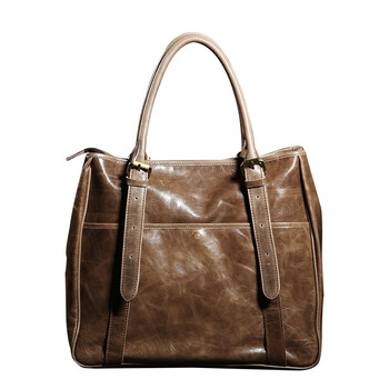 复古时尚真牛皮男包休闲托特包男士包包手提包单肩包竖款潮 深棕色