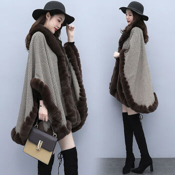 大毛领格子披肩格子斗篷披肩外套女秋冬新款时尚复古大毛领宽松加绒