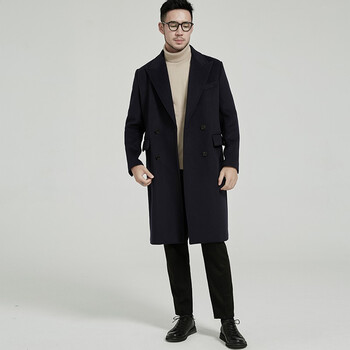 facecity羊毛大衣男秋冬青年长款过膝毛呢风衣双排扣男装外套欧美深