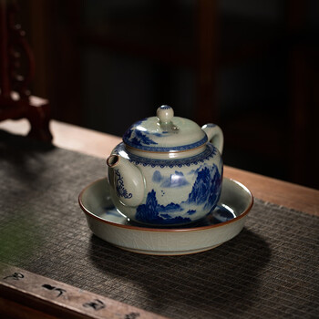 青花瓷茶壶 景德镇仿古手绘老陶泥千里江山茶壶青花瓷陶瓷泡茶壶家用