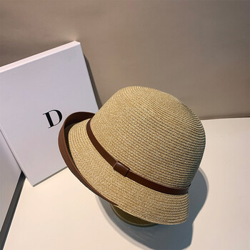 细草编织防晒渔夫帽翻檐百搭盆帽小沿遮阳沙滩凉帽太阳帽潮卡其色可