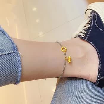 周大福999硬金0铃兰花吊坠平安扣手链女生日礼物 灰色脚链